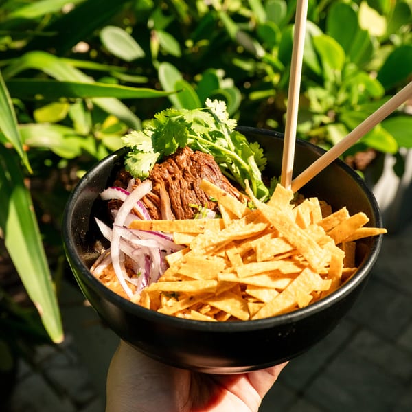 Hand holding a bowl of beef, red onions, cilantro, and tortilla strips with chopsticks.